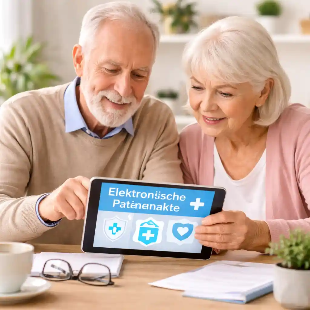 Älteres Ehepaar betrachtet gemeinsam Tablet mit elektronischer Patientenakte
