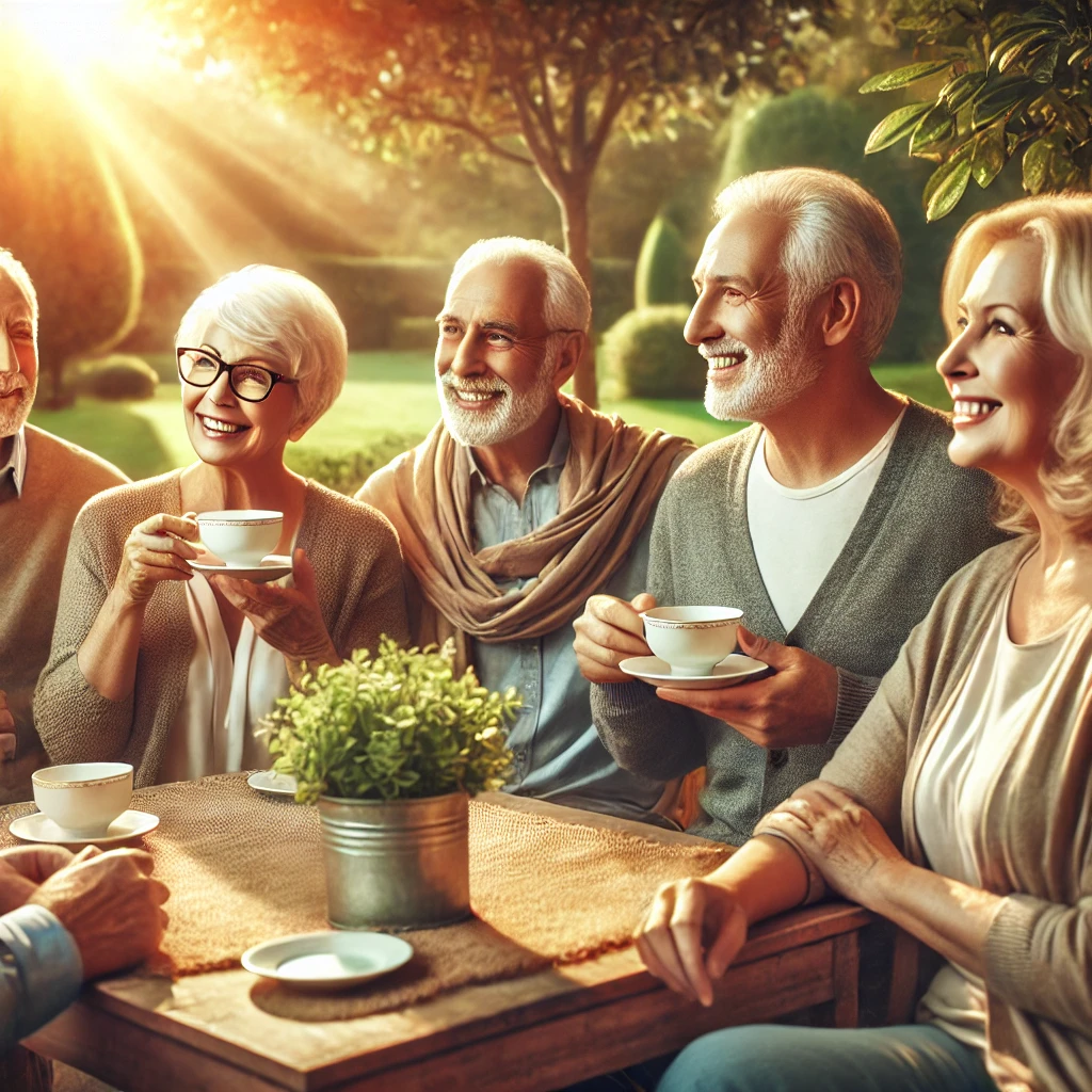 Ältere Freunde im Park, die zusammen lachen und sich unterhalten. Symbol für Freundschaften im Alter und ein aktives soziales Leben im Ruhestand.