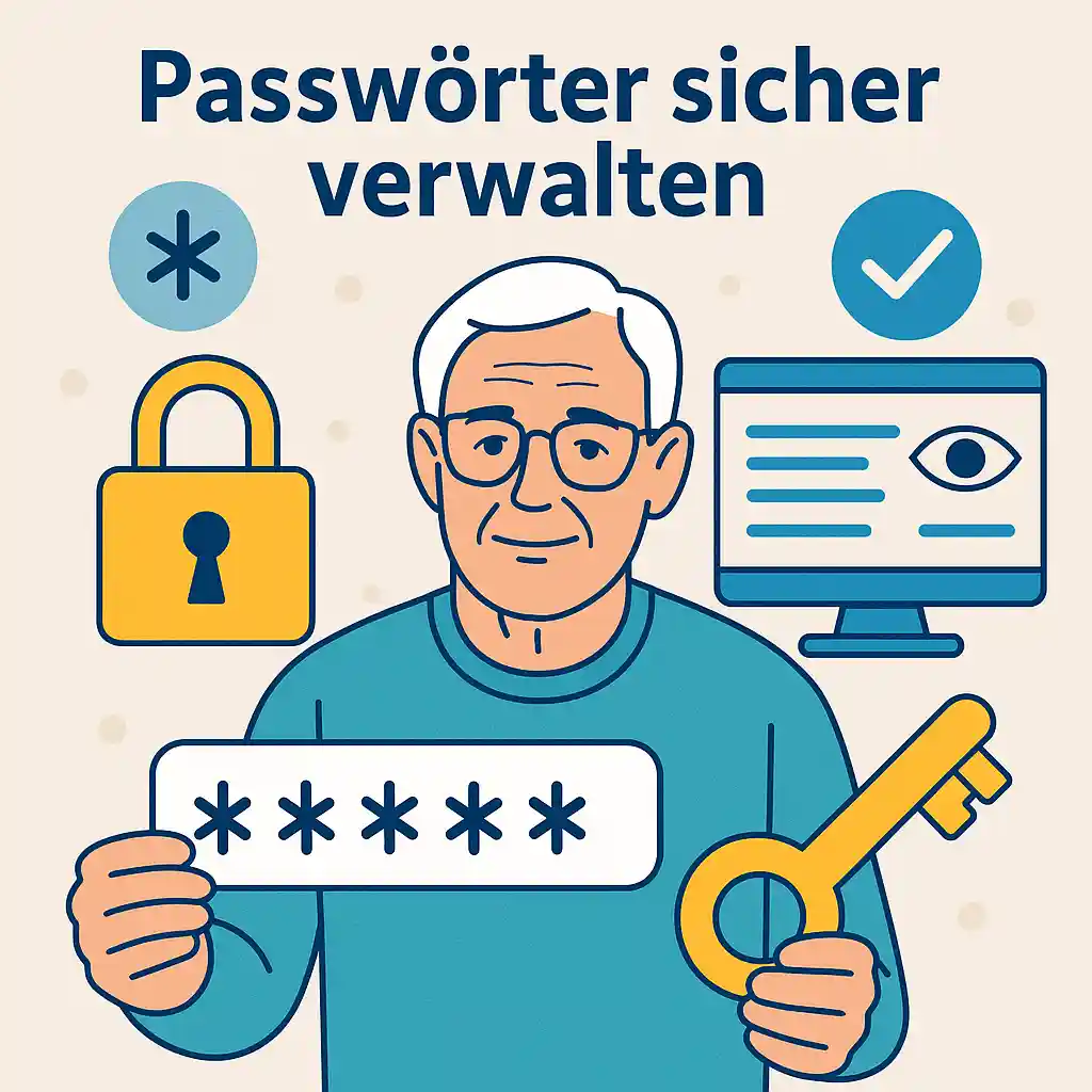 Illustration zeigt Senior mit Passwortfeld und Schlüssel – Symbolbild für Passwörter sicher verwalten