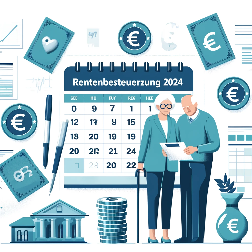 Illustration zur Rentenbesteuerung 2024 mit Kalender, Euro-Symbolen und Steuerdokumenten. Übersicht über steuerpflichtige Rentenanteile und Freibeträge.