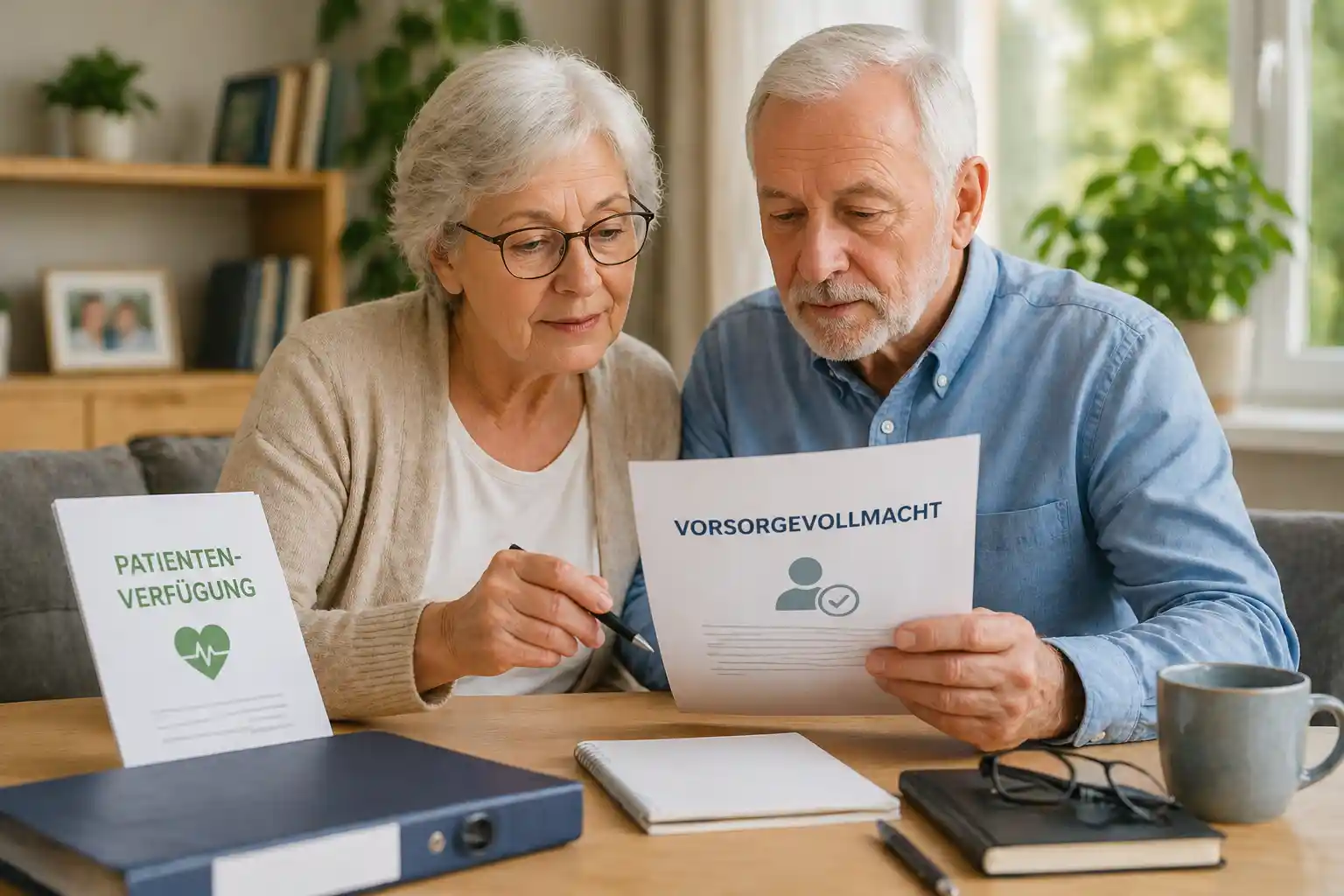 Vorsorgevollmacht und Patientenverfügung mit älterem Paar beim Prüfen wichtiger Unterlagen