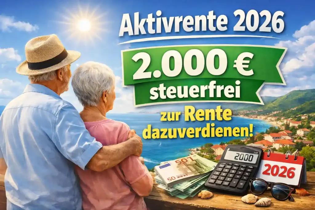 Aktivrente 2026 mit älterem Paar und Hinweis auf 2.000 Euro steuerfrei zur Rente