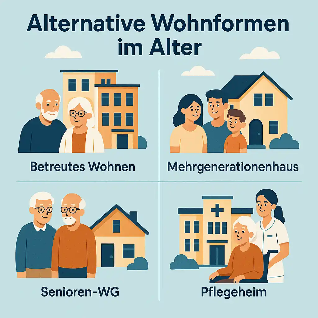 Illustration zeigt verschiedene alternative Wohnformen für Senioren wie Senioren-WG, Mehrgenerationenhaus und betreutes Wohnen