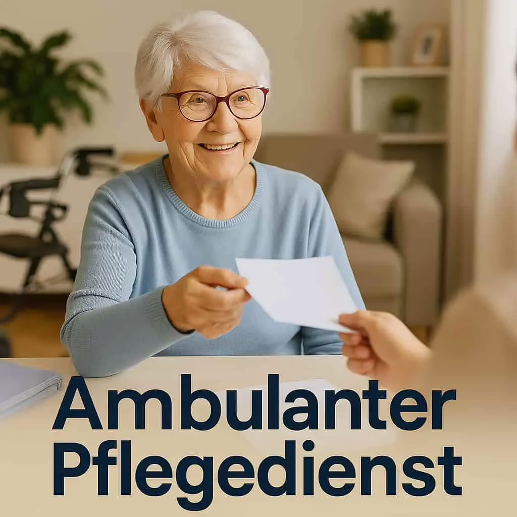 Ältere Dame reicht fröhlich ein Formular an eine Pflegekraft weiter