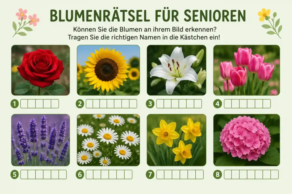 Blumenrätsel für Senioren als Arbeitsblatt mit Bildern von Rose, Sonnenblume, Lilie, Tulpen, Lavendel, Gänseblümchen, Narzissen und Hortensie