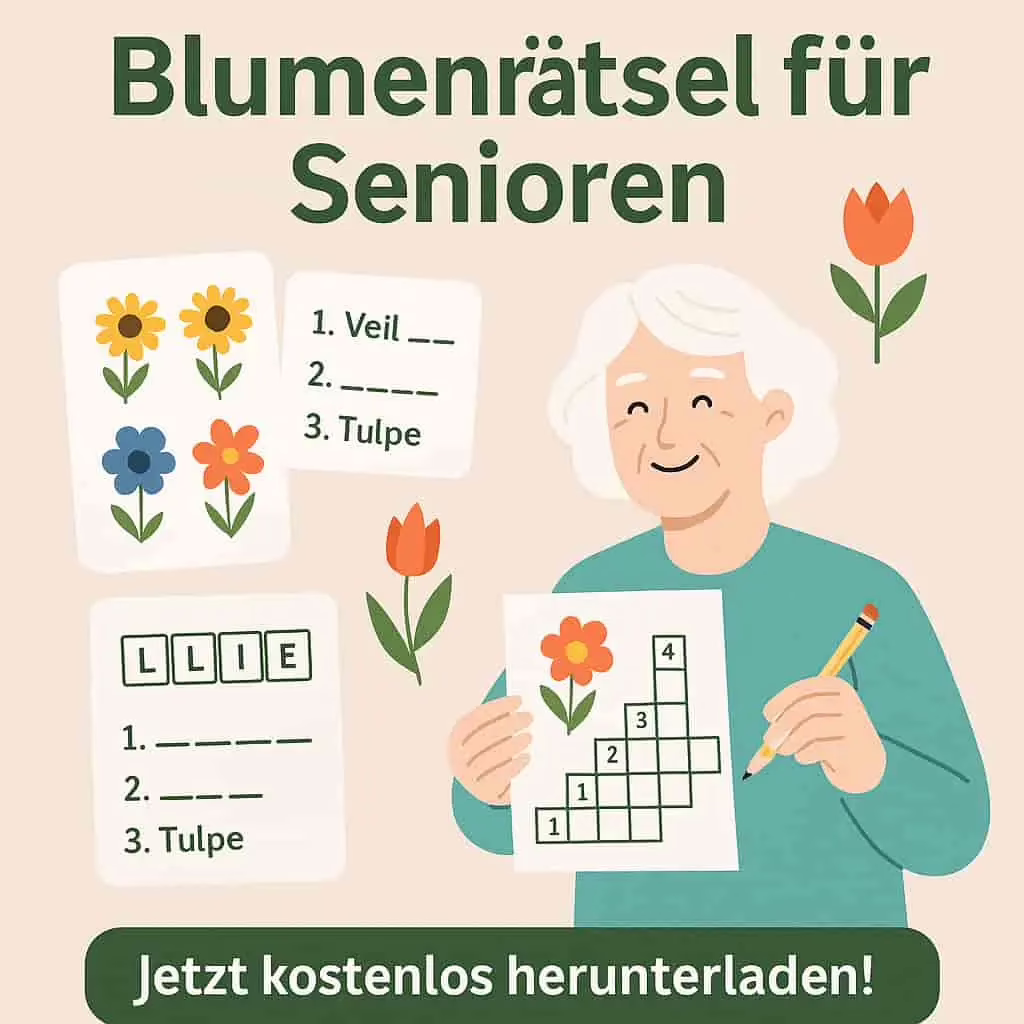 Ältere Frau löst fröhlich ein Blumenrätsel mit bunten Illustrationen