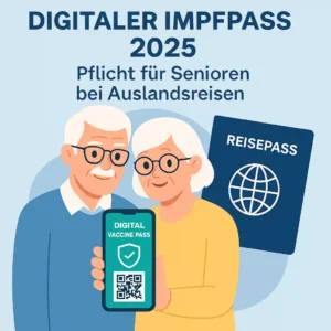 Senioren mit digitalem Impfpass auf dem Smartphone und wichtigen Reiseunterlagen