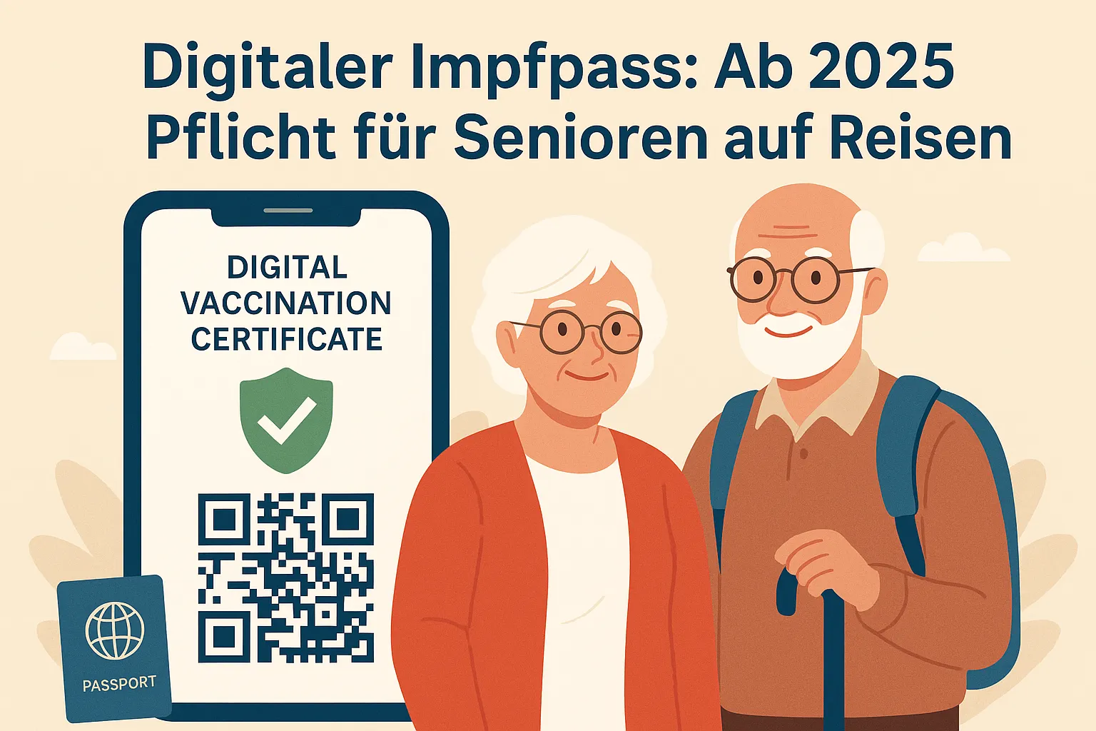Illustration eines Seniorenpaars mit digitalem Impfpass auf dem Smartphone – Pflicht für Reisen ab 2025