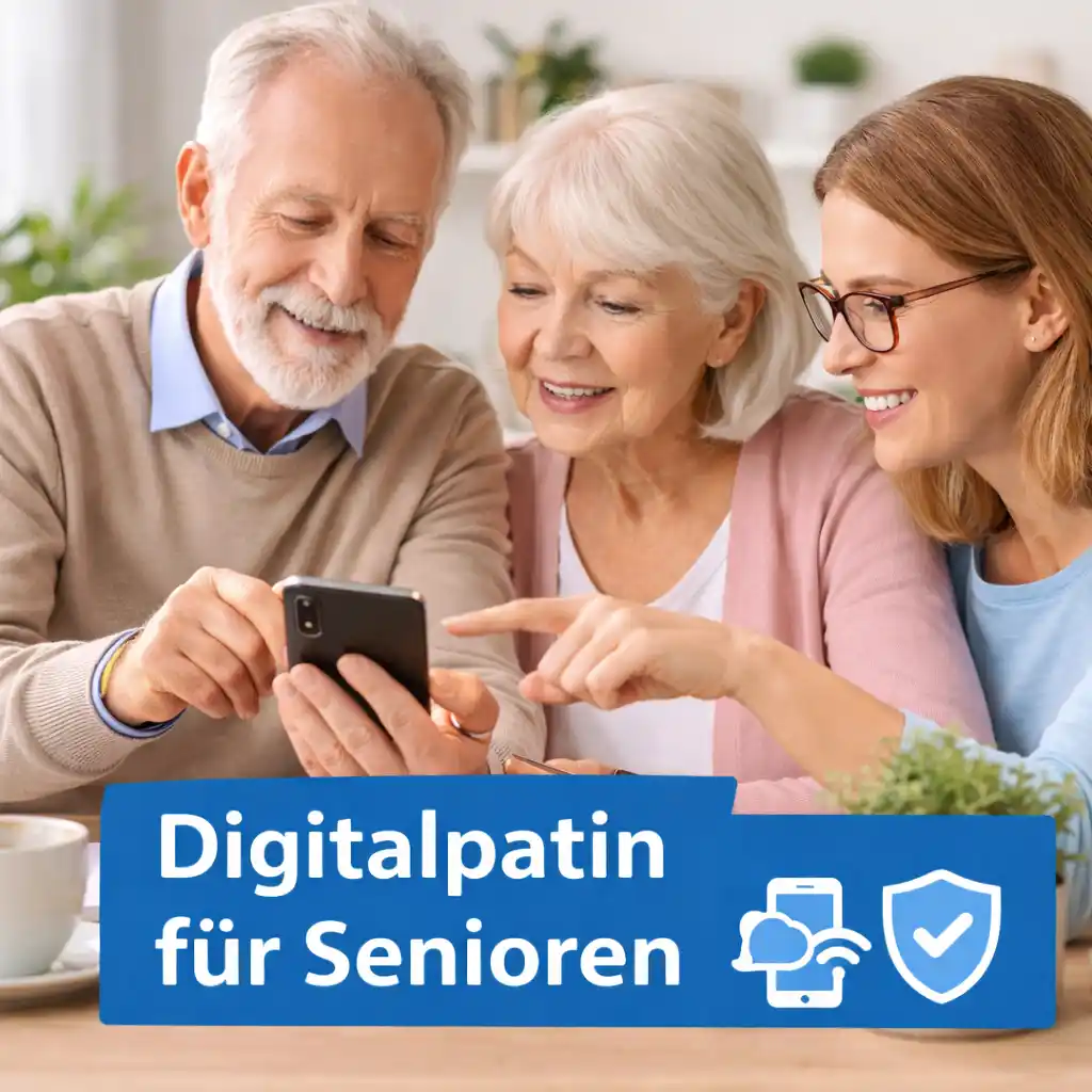 Älteres Ehepaar erhält Unterstützung von einer jüngeren Frau beim Bedienen eines Smartphones – Symbol für Digitalpaten für Senioren