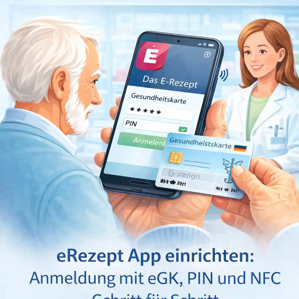 eRezept App einrichten: Senior richtet die App mit Gesundheitskarte (eGK) und PIN ein