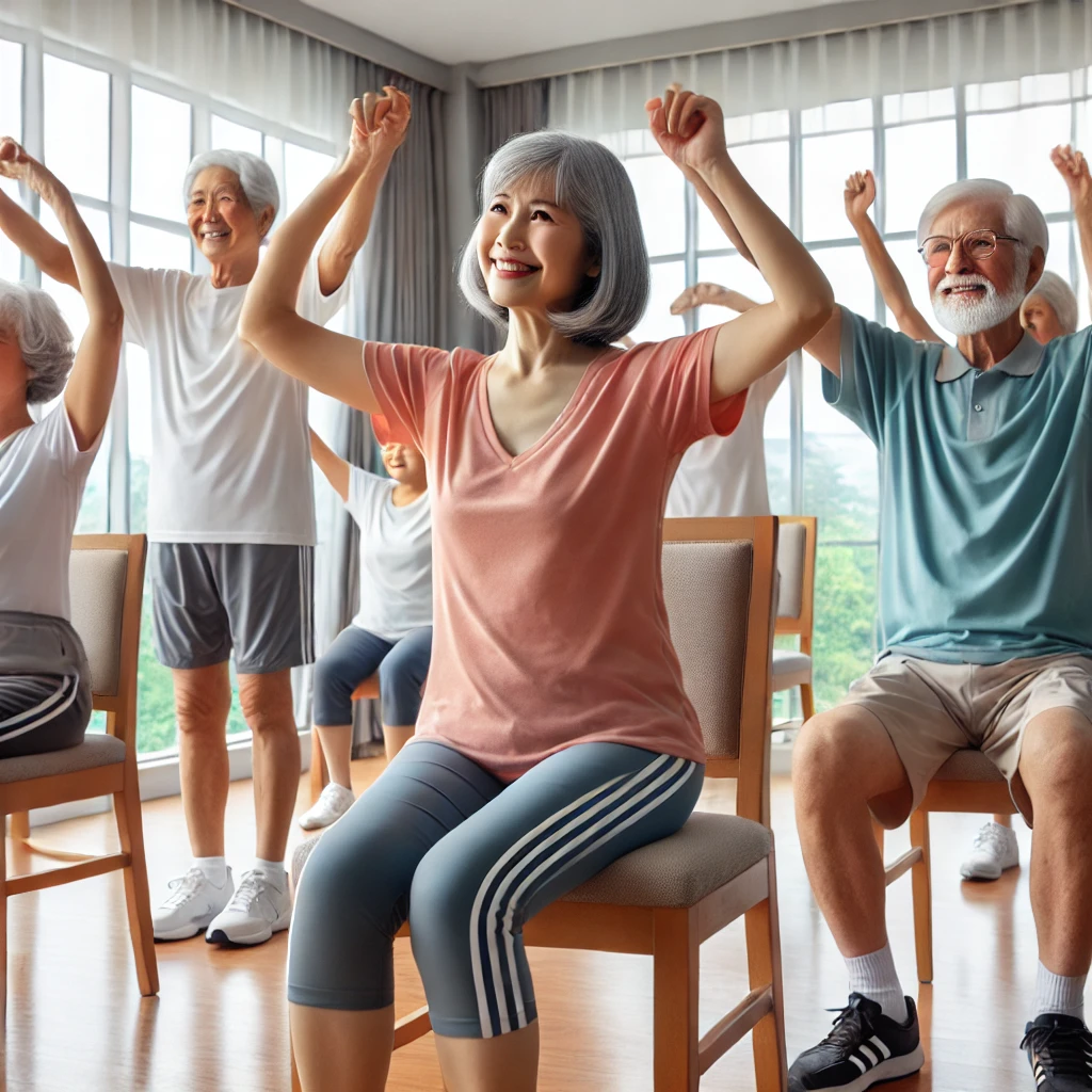 Senioren machen Gymnastikübungen im Sitzen und Stehen in einem hellen Fitnessraum.