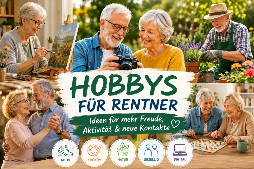 Hobbys für Rentner mit Senioren beim Gärtnern, Fotografieren, Malen und Spielen