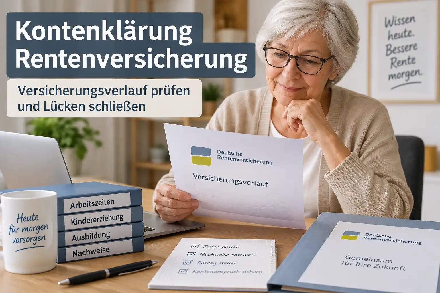 Seniorin prüft Versicherungsverlauf für die Kontenklärung bei der Rentenversicherung