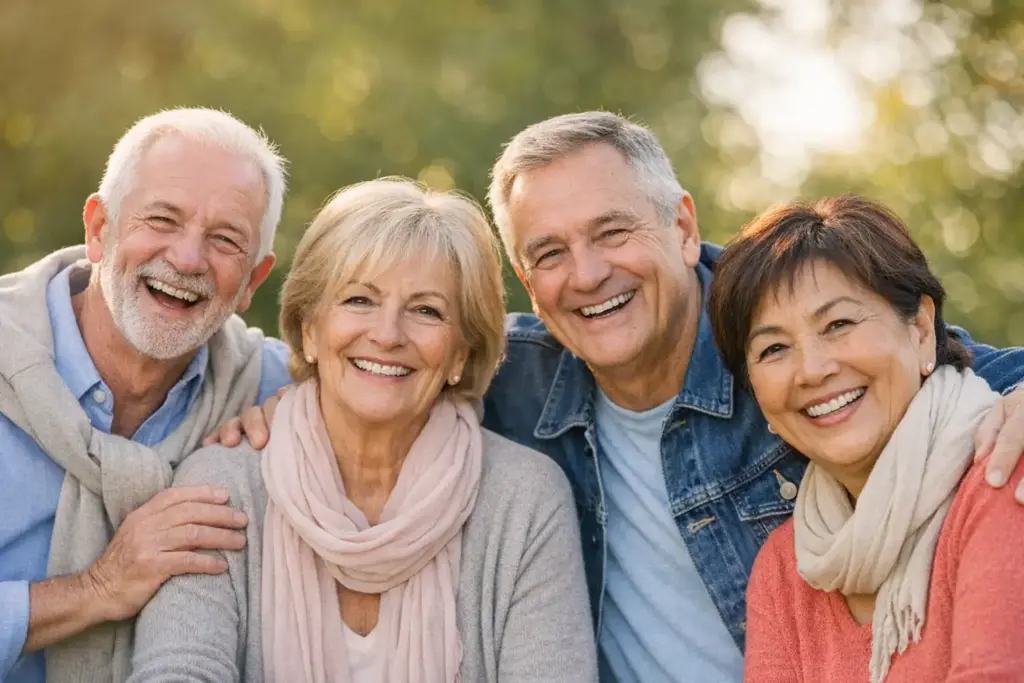 Fröhliche Senioren knüpfen neue Kontakte bei einem gemeinsamen Treffen im Freien Bildtitel