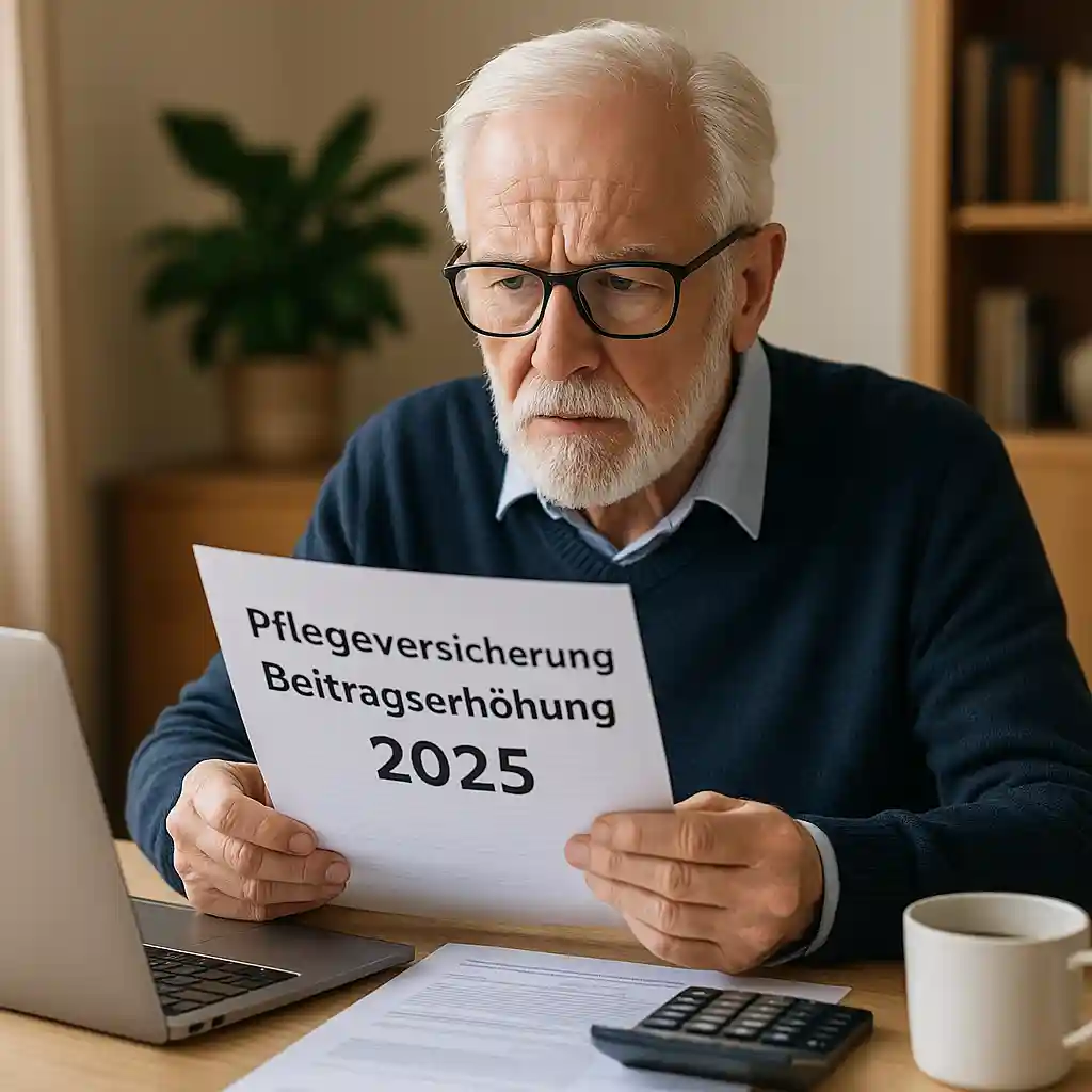 Rentner prüft Pflegeversicherungsbeitragserhöhung 2025 am Schreibtisch