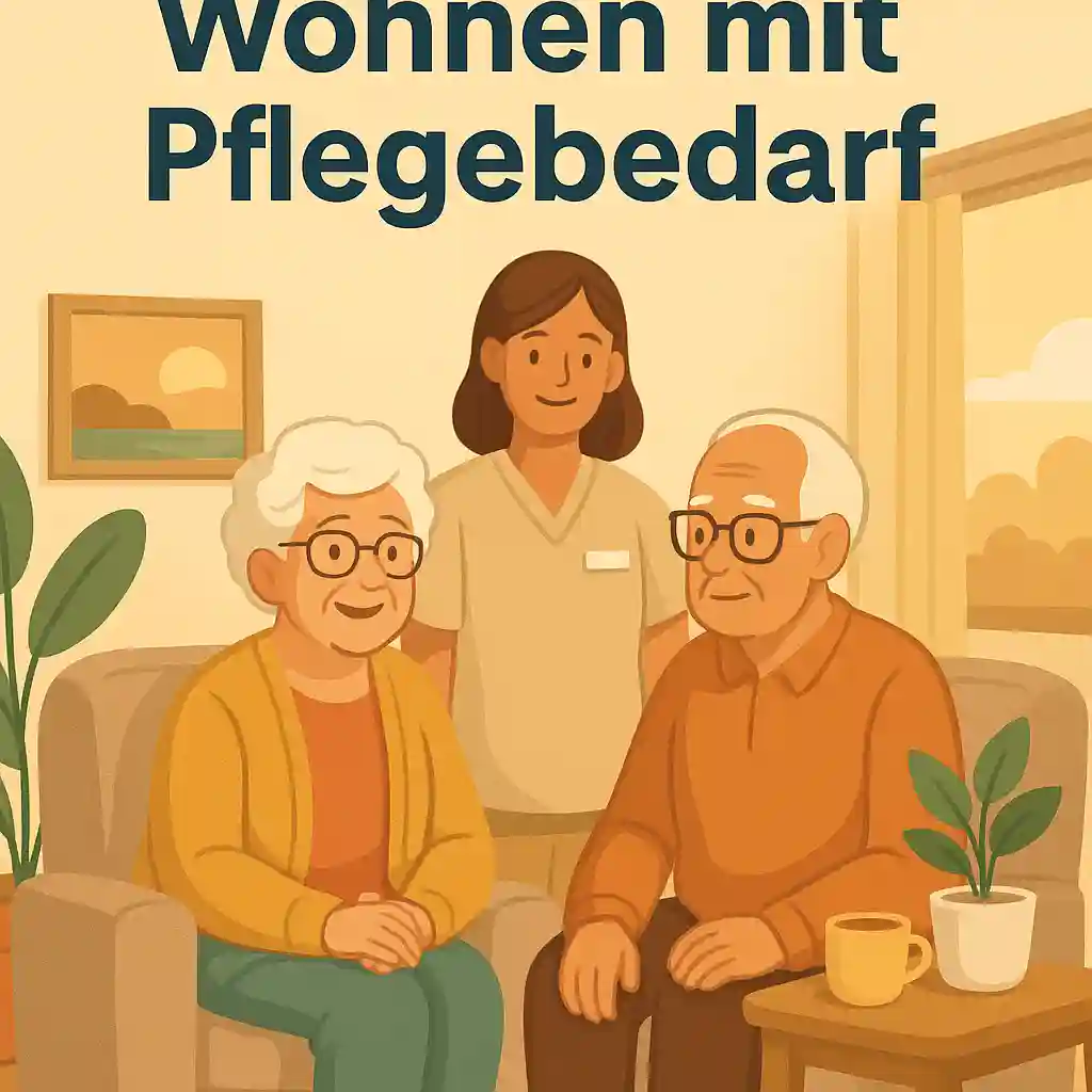 Wohnen mit Pflegebedarf – Illustration einer seniorengerechten Wohnsituation mit Pflegeunterstützung
