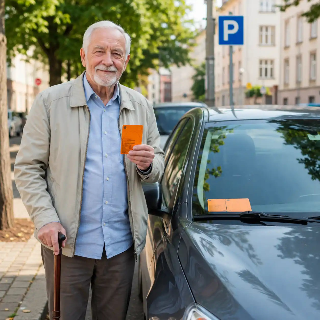 Senior mit orangefarbenem Parkausweis bei einer Parkerleichterung