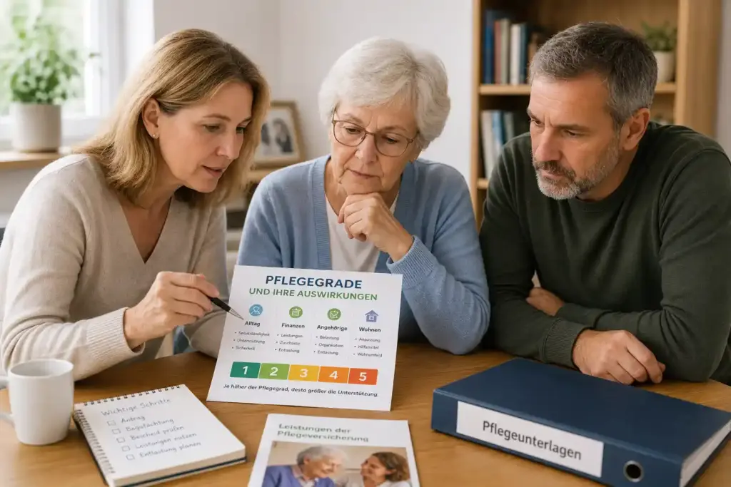 Angehörige besprechen die Auswirkungen eines Pflegegrads im Alltag