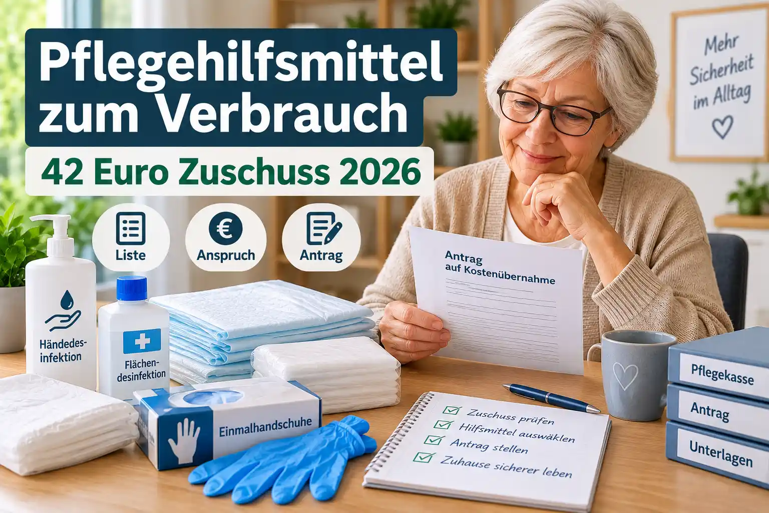 Seniorin mit Pflegehilfsmitteln zum Verbrauch und Antrag auf 42-Euro-Zuschuss