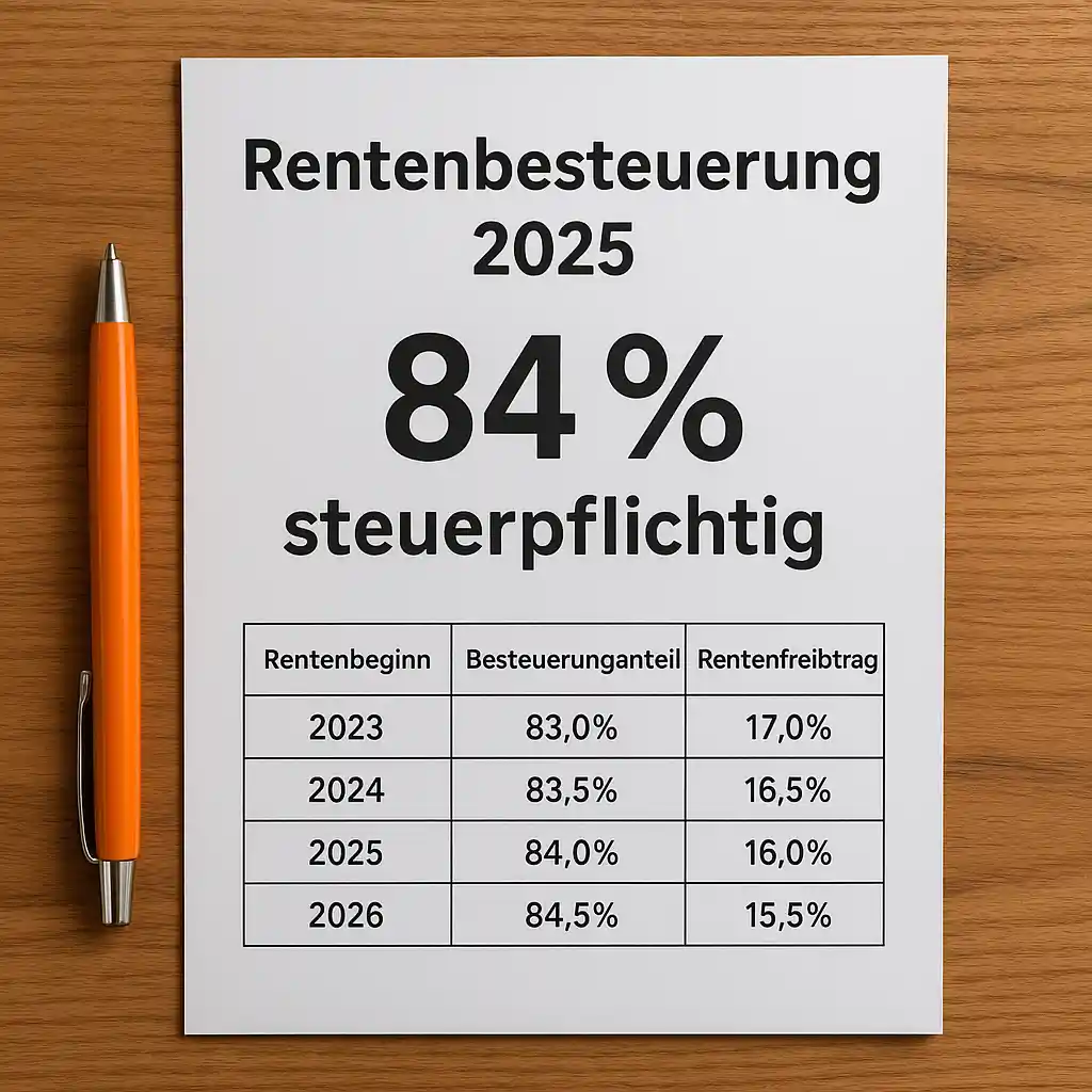 Dokument zur Rentenbesteuerung 2025 mit hervorgehobener Angabe von 84 Prozent steuerpflichtigem Anteil