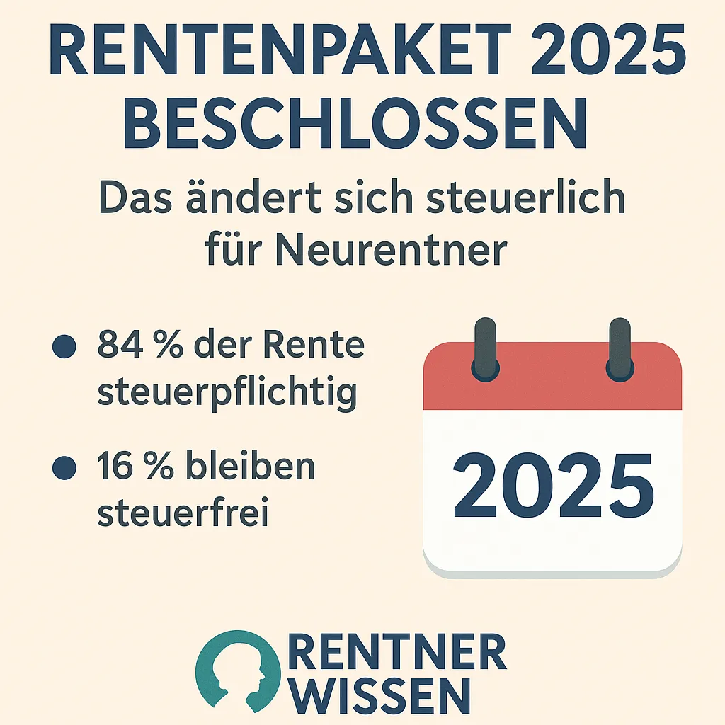 Grafik zum Rentenpaket 2025 mit steuerlicher Änderung für Neurentner: 84 % steuerpflichtig, 16 % steuerfrei