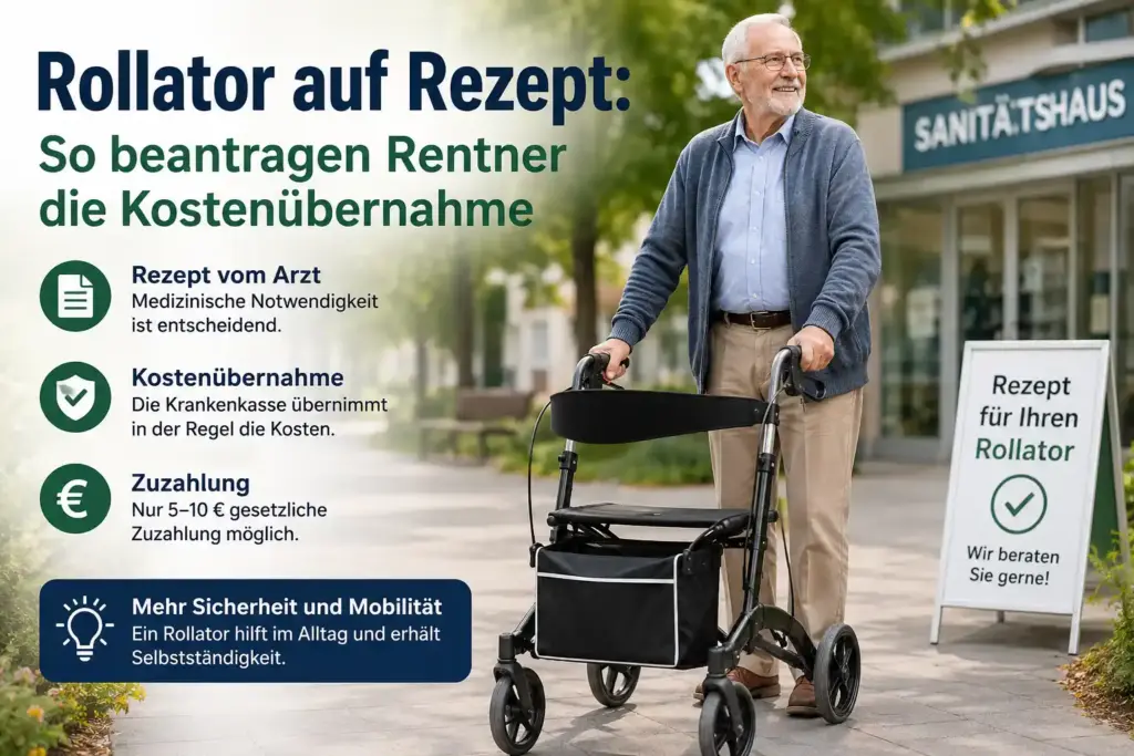 Senior mit Rollator informiert sich über Rezept und Krankenkasse