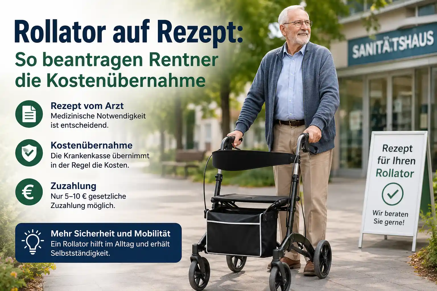 Senior mit Rollator informiert sich über Rezept und Krankenkasse