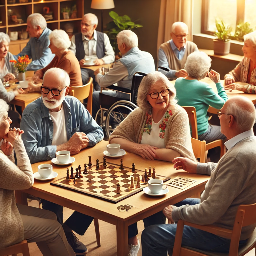 Senioren treffen sich in einem Gemeinschaftszentrum, trinken Kaffee und unterhalten sich.