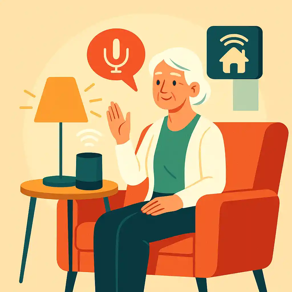 Seniorin nutzt Smart Home Lösungen zur Sprachsteuerung einer Lampe im Wohnzimmer