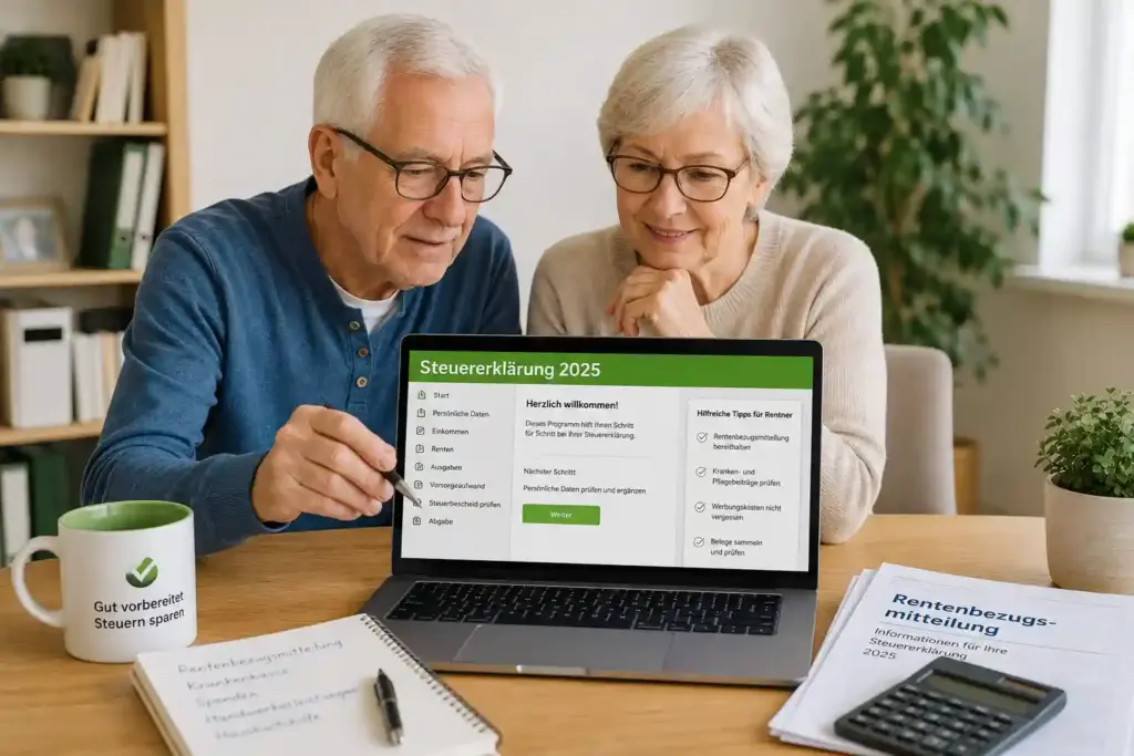 Rentner nutzen ein Steuerprogramm für die Steuererklärung am Laptop