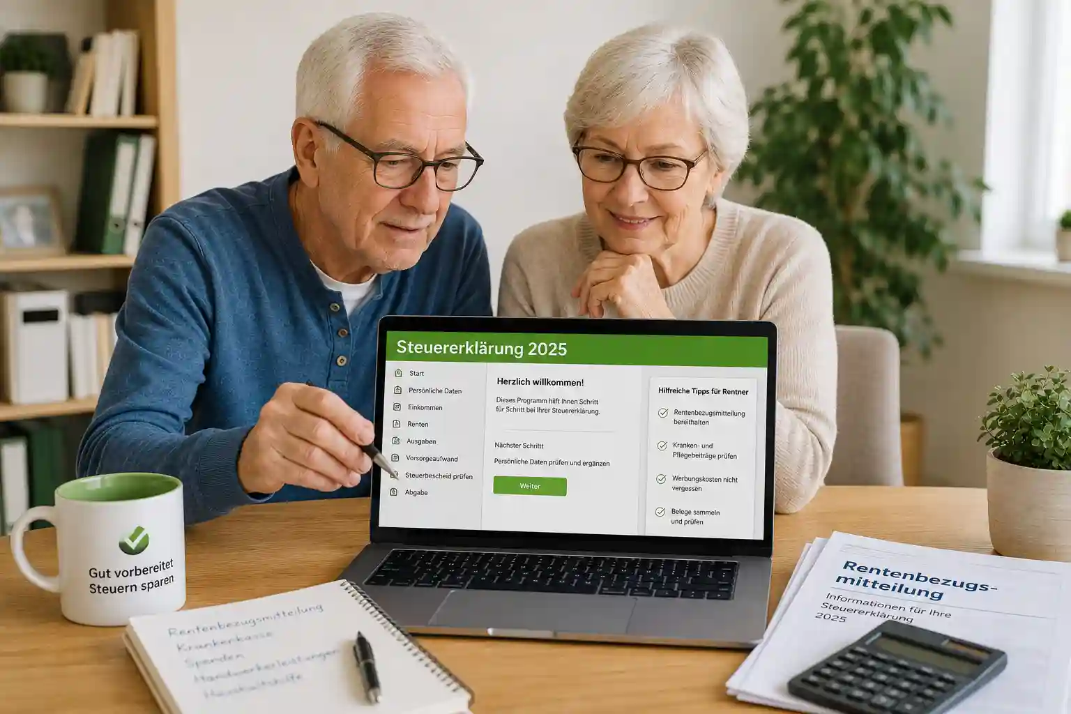 Rentner nutzen ein Steuerprogramm für die Steuererklärung am Laptop