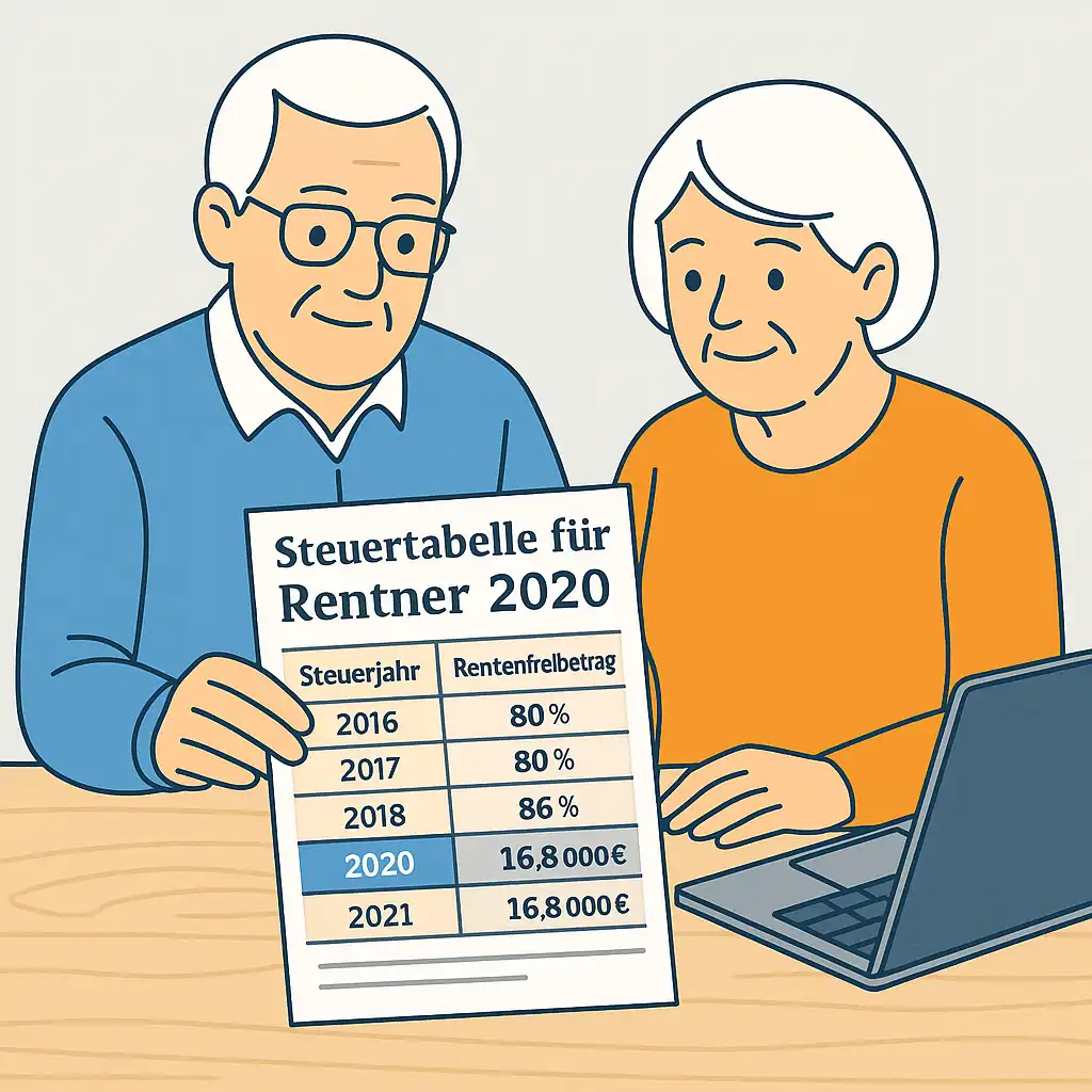 Seniorenpaar prüft Steuertabelle für Rentner 2020 mit Steuerfreibetrag