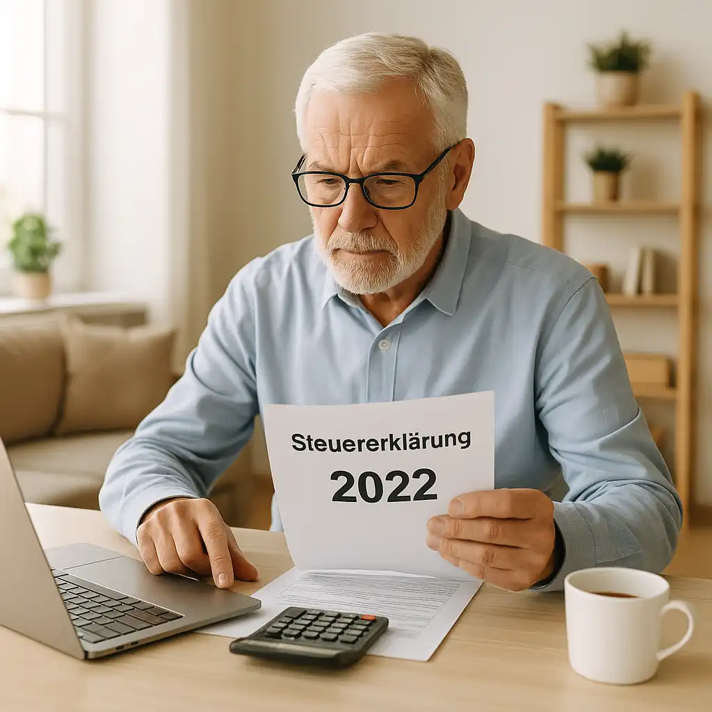 Senior prüft Steuerunterlagen für das Jahr 2022 am Wohnzimmertisch.