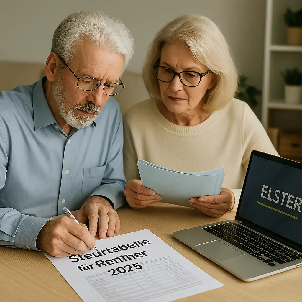 Rentnerpaar beim Ausfüllen der Steuererklärung mit Steuertabelle für 2025
