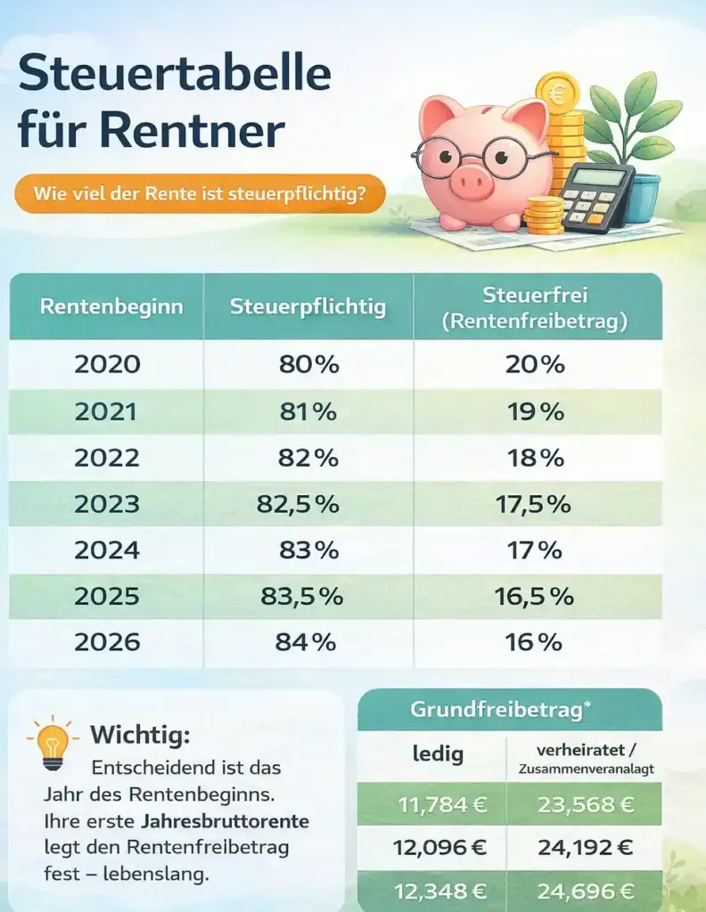 Seniorenpaar prüft gemeinsam am Tisch die Steuertabelle für Rentner.