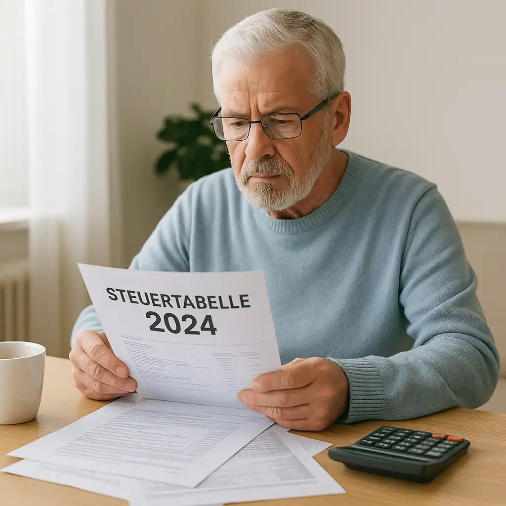 Senior prüft Steuerunterlagen für das Jahr 2024 am Küchentisch.
