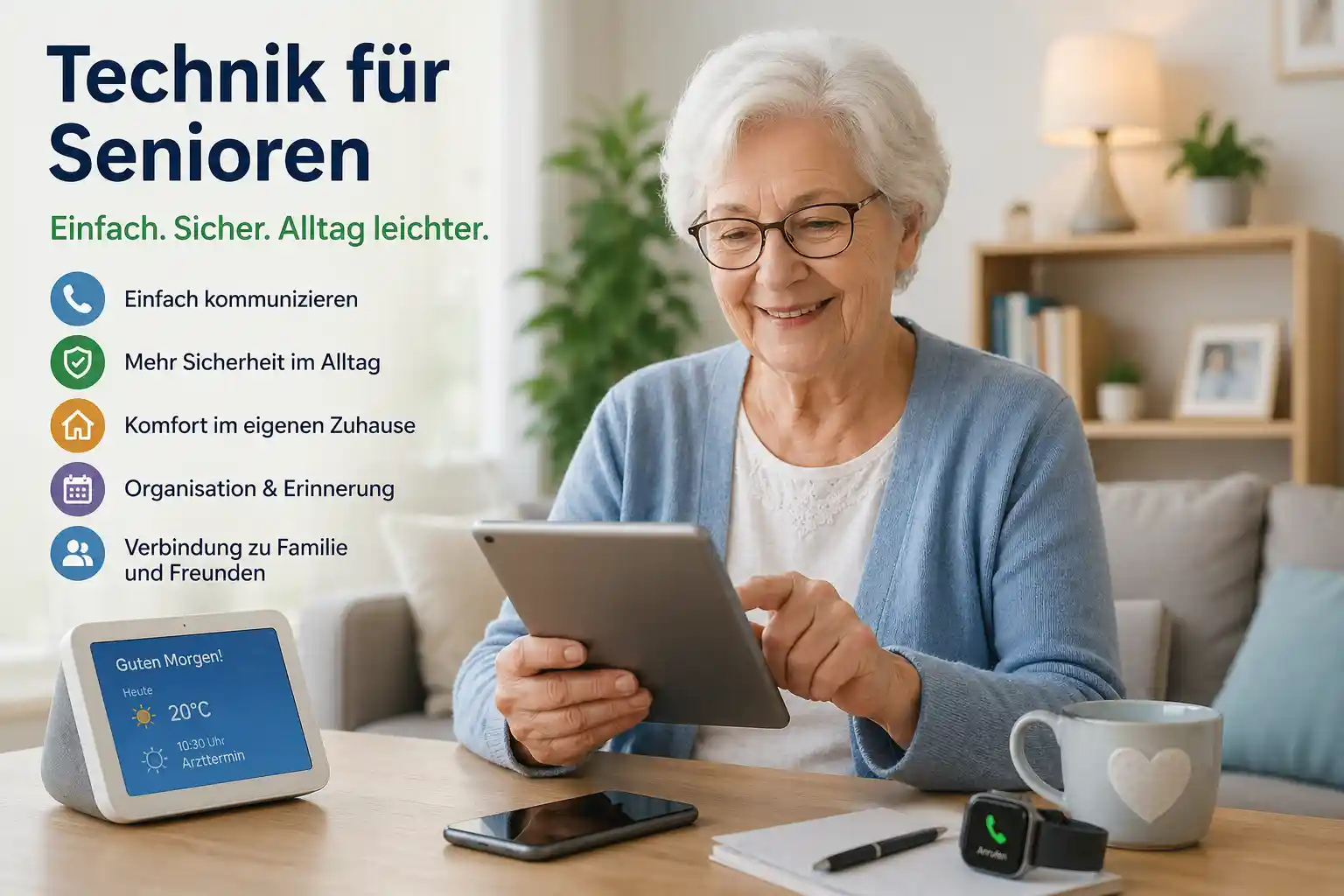 Technik für Senioren mit älterer Person bei der einfachen Nutzung digitaler Geräte
