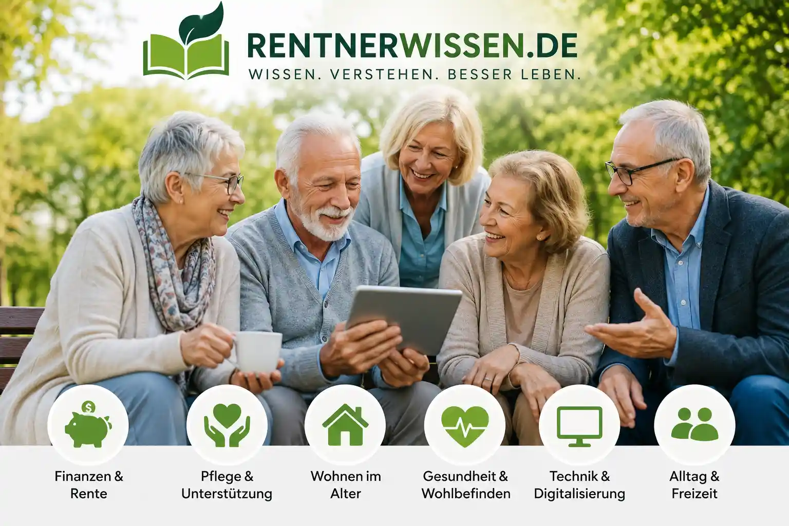 Gruppe von Senioren nutzt gemeinsam ein Tablet und steht für RentnerWissen.de als verständliches Ratgeberportal