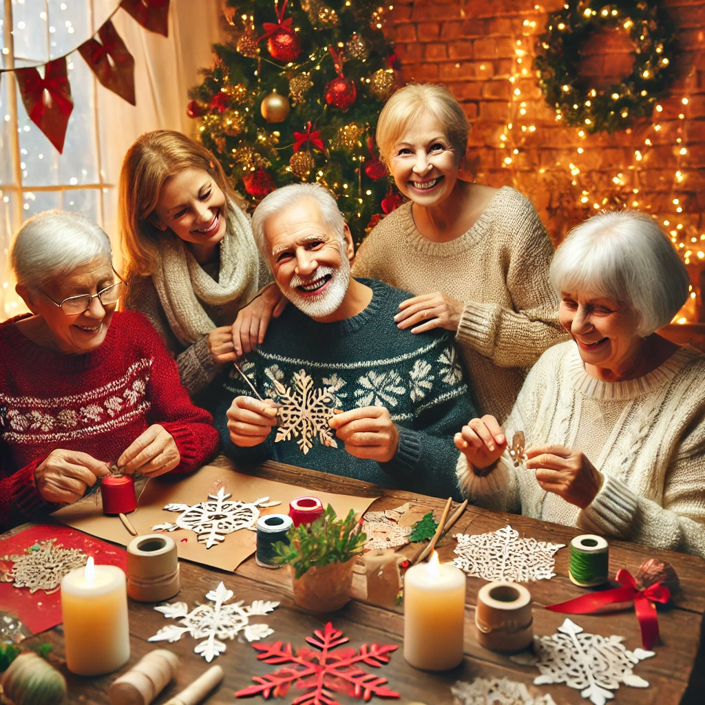 Weihnachtsbasteln mit Senioren, ältere Menschen basteln gemeinsam Weihnachtsdekorationen in gemütlicher Atmosphäre