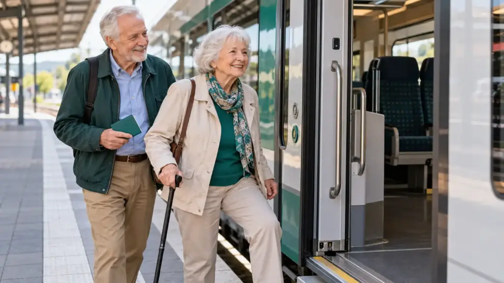 Älteres Paar beim Einstieg in eine Regionalbahn; die Frau nutzt einen Gehstock.