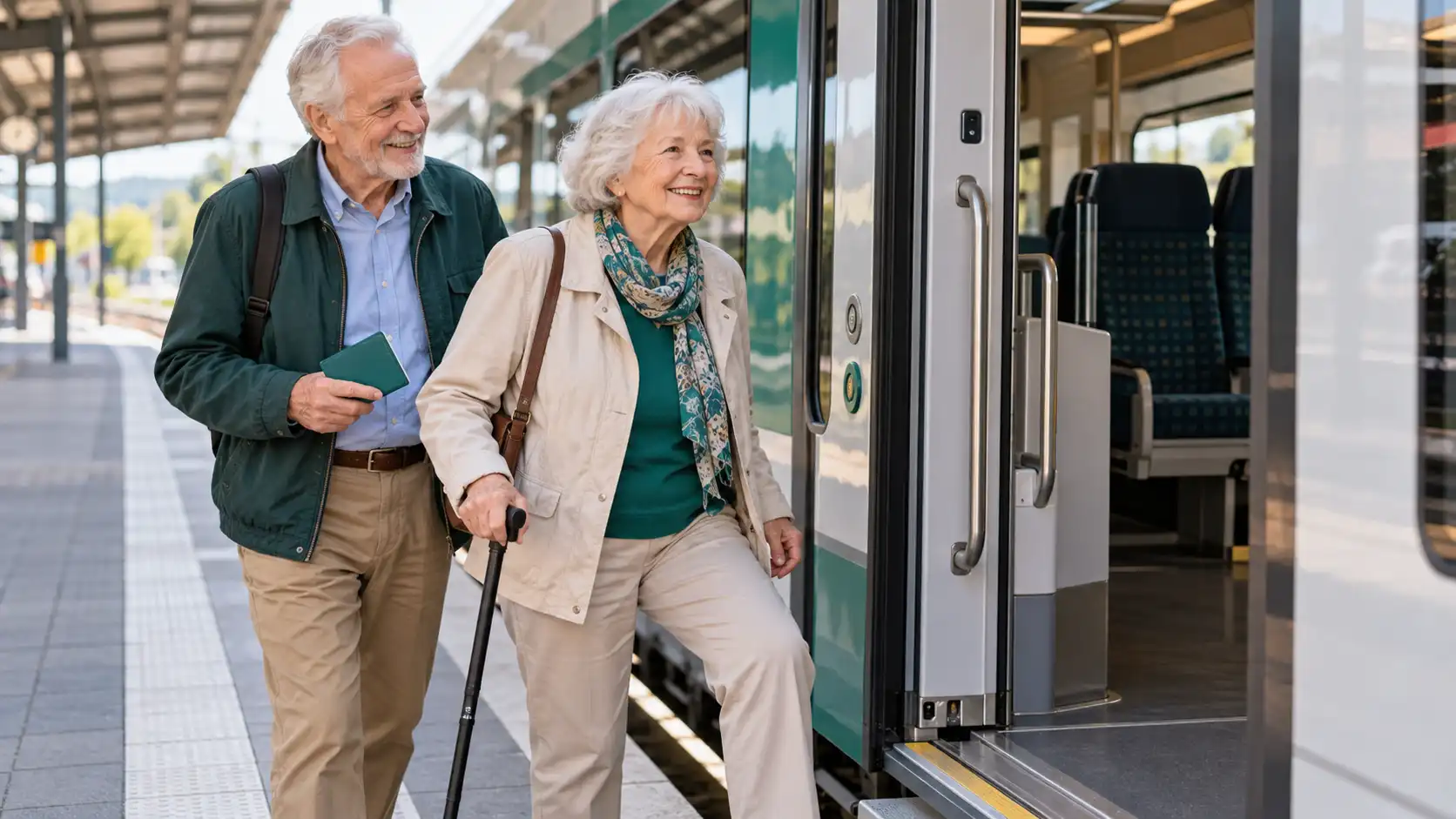 Älteres Paar beim Einstieg in eine Regionalbahn; die Frau nutzt einen Gehstock.