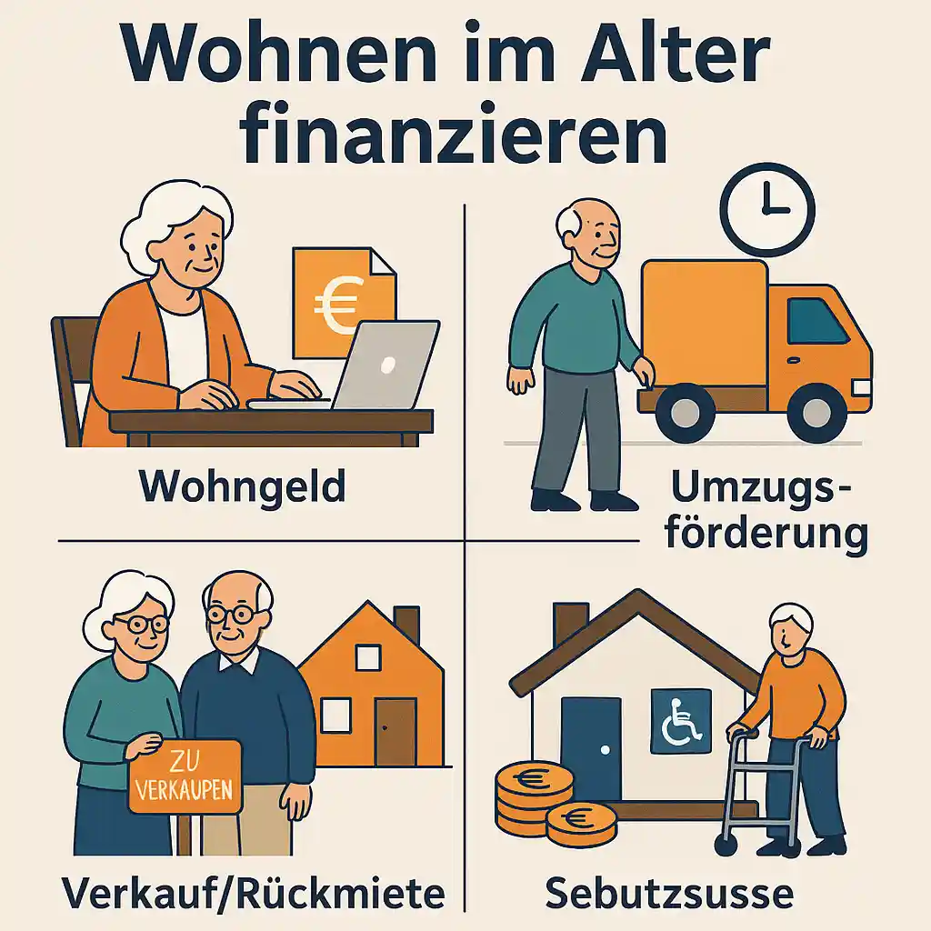 Wohnen im alter-finanzieren ein Paar prüft Wohnkosten im Alter mit Unterlagen und symbolischen Immobilien‑ und Förderzeichen