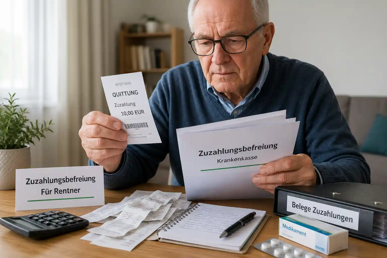 Rentner prüft Belege für die Zuzahlungsbefreiung der Krankenkasse